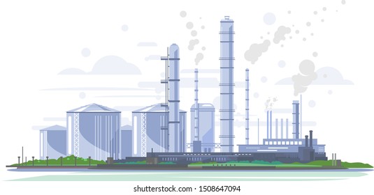 Oil production plant, petrochemical plant, big oil refinery in flat style isolated, manufacturing with metallic constructions