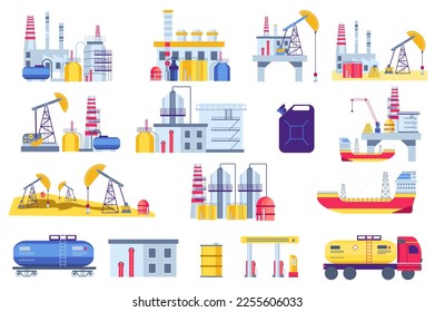 Ölförderanlagen setzen grafische Elemente in flachem Design ein. Paket der Verarbeitung und Produktion Benzin- und Gasmaschinen, Bohrmaschinen Industriepumpen und Raffinerie. Einzelne Vektorgrafik-Objekte