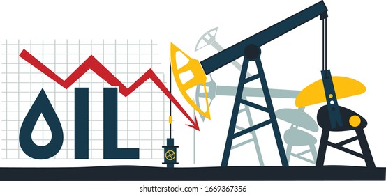Producción de petróleo. El precio del petróleo cae a la baja. Gráfico de caídas de precios del petróleo. Vector, ilustración.