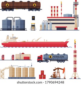 Conjunto de producción, procesamiento y transporte de petróleo, Ilustración de vectores planos de la industria de la gasolina y el petróleo