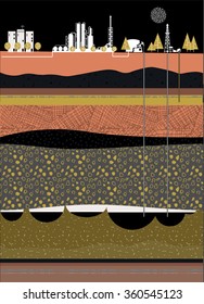 Oil production and refining. Earth section. Night. Stock vector.