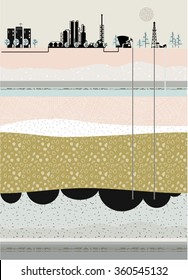 Oil production and refining. Earth section. Day. Stock vector.