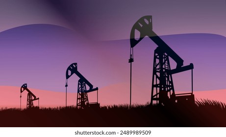 oil production in Russia, oil pump on the background of the Russian flag, flat color illustration