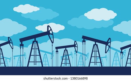 Oil production seamless pattern - oil derrick silhouettes with blue cloudy sky - petroleum industry illustration
