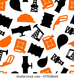 Oil production seamless pattern. petroleum industry symbols background. Ornament for petrol processing. naphtha rig and working helmet. Pipe and drum