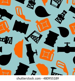 Oil production seamless pattern. petroleum industry symbols background. Ornament for petrol processing. naphtha rig and working helmet. Pipe and drum
