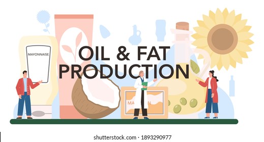 Oil production typographic header. Glass bottle of vegatable oil: cocoa, olive, sunflower, avocado, corn. Organic vegetarian ingredient. Vector flat illustration