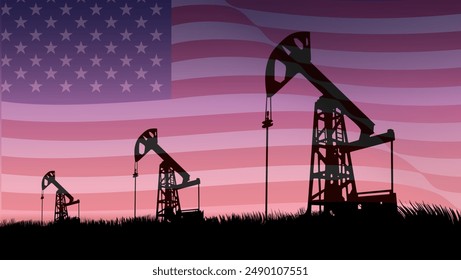 oil production in USA, oil pump on the background of the USA flag, flat color illustration