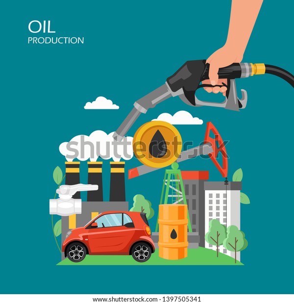 Oil production vector flat illustration. Hand with\
auto fueling nozzle, oil pumpjack, barrel, refinery, car. Petrol\
and diesel production, petroleum industry concept for web banner,\
webpage etc.