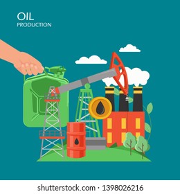 Oil production vector flat style design illustration. Hand with canister, oil pumpjack, barrel, refinery. Petroleum production, refining and retailing composition for web banner, webpage etc.