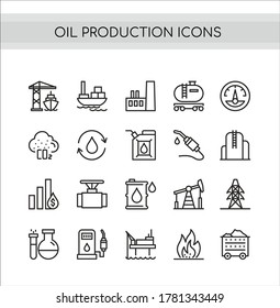 Conjunto de ilustraciones vectoriales de producción de aceite. Iconos planos de línea delgada con estación de bomba de perforación de yacimientos petrolíferos, transporte de buques cisterna o camiones, contaminación, símbolos de plantas petroleras de refinación