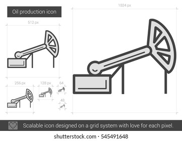 Icono de línea vectorial de producción de aceite aislado en fondo blanco. Icono de la línea de producción de petróleo para infografía, sitio web o aplicación. Icono escalable diseñado en un sistema de cuadrícula.