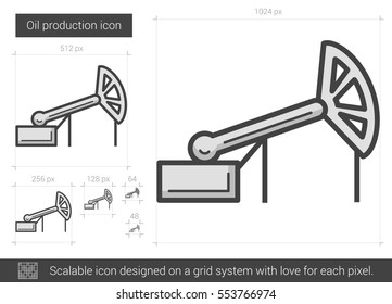 Icono de línea vectorial de producción de aceite aislado en fondo blanco. Icono de la línea de producción de petróleo para infografía, sitio web o aplicación. Icono escalable diseñado en un sistema de cuadrícula.