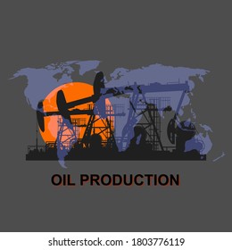 Oil production. World map on the background of oil pumps. Vector illustration