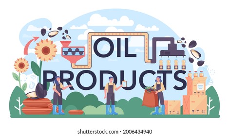 Oil products typographic header. Vegatable oil extraction or production industry. Organic vegetarian ingredient for cooking and non-edible production. Vector flat illustration