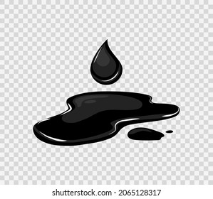 Oil puddle. Spill of black liquid with a drop. Vector cartoon illustration isolated background.