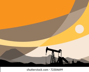 Oil Pump and abstract sunset, vector illustration