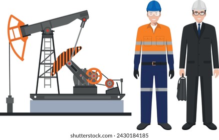 Oil Pump and Engineer in Suit, Worker in Work Uniform and Safety Helmet in Flat Style. Vector Illustration.