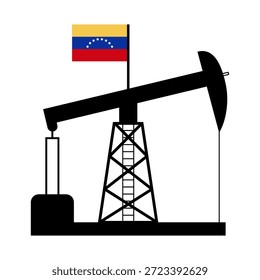 oil pump, flat black icon. Pumpjack silhouette topped with Venezuelan flag symbolizing national oil industry and resource sovereignty