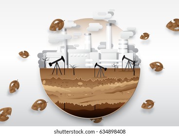 Oil pump and fuel with oil refinery and Coal Fossil Fuel Smokestacks. Oil Rig Soil Layers. global warming concept. Paper art style
