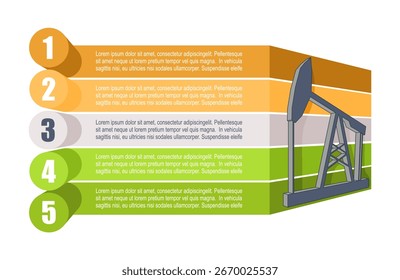 Icono de la bomba de aceite con cinco características u opción de proyecto para seleccionar. Ilustración infográfica mínima para visualización de información empresarial e industrial.