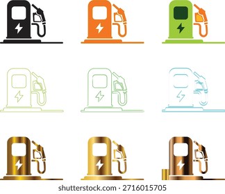 Iconos y gráficos de estaciones de carga de vehículos eléctricos en múltiples colores y estilos, que representan energía alternativa y transporte sostenible.