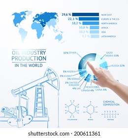 Oil pump illustration with hand over infographic plane. Vector illustration.