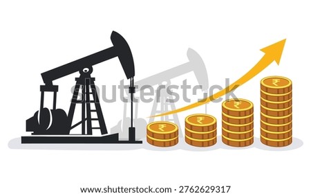 Oil pump jack with ascending stacks of rupee coins and a yellow upward arrow