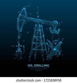 Oil pump jack in dark blue background. Finance, economy, business or petroleum fuel industry concept. Abstract polygonal wireframe with lines and dots. Oil industry equipment