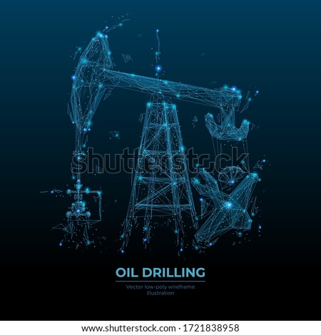 Oil pump jack in dark blue background. Finance, economy, business or petroleum fuel industry concept. Abstract polygonal wireframe with lines and dots. Oil industry equipment