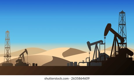 Ölpumpenheber und Bohrinsel Silhouette in der Wüste mit klarem blauen Himmel