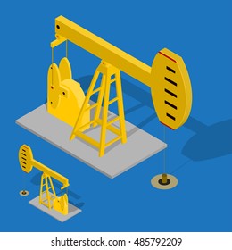 Oil Pump Jack Energy Industrial on a Blue Background. Equipment for Industry. Isometric View. Vector illustration of two industrial pumps back and front view.
