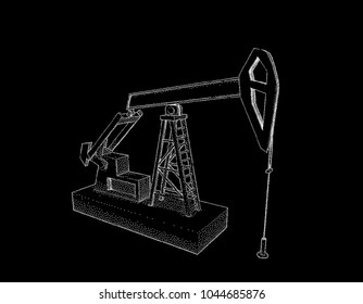 Oil pump jack. Isolated on black background. Vector illustration. Pointillism style.