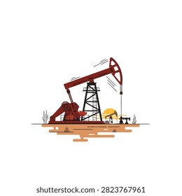 Oil pump jack operating on desert field with sunset.