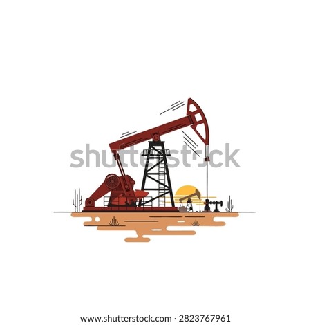 Oil pump jack operating on desert field with sunset.