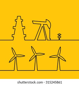 Oil Pump Jack Silhouette Design. Wind Turbines Generating Electricity.  Wind Turbine Generate Electricity. Energy System Works In A Residential Home. Green Energy, Wind Generator. Vector Illustration.