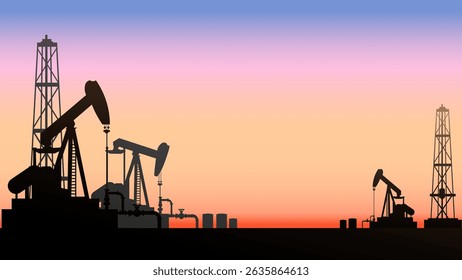 Oil pump jack silhouette with sunset sky and oil barrels in background