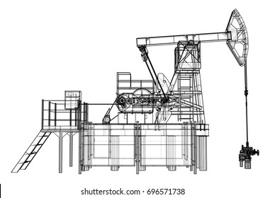 Oil Pump Jack In Wire-frame Style. Vector Rendering Of 3d