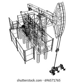 Oil pump jack in wire-frame style. Vector rendering of 3d