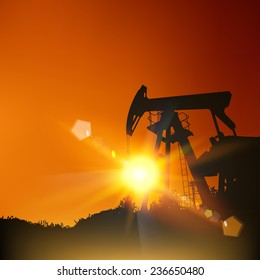 Oil pump with lens sun rays over sunset. Vector illustration.