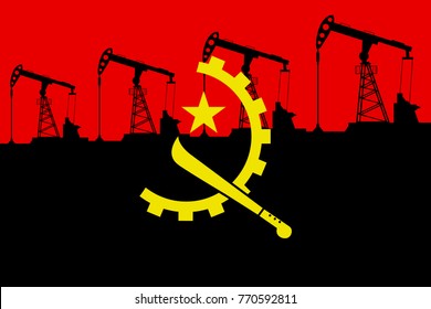 Oil pump on background of flag of Angola. Vector illustration