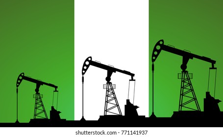 Oil pump on background of flag of Nigeria. Vector illustration