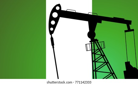 Oil Pump On Background Of Flag Of Nigeria. Vector Illustration