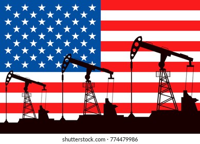 Oil pump on background of flag of USA. Vector illustration