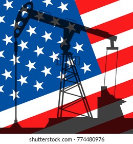 Oil pump on background of flag of USA. Vector illustration