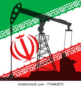 Oil pump on background of flag of Iran. Vector illustration