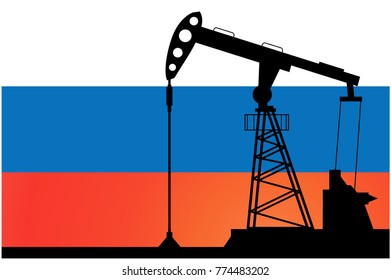 Oil pump on background of flag of Russia. Vector illustration