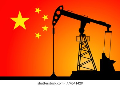 Oil pump on background of flag of China. Vector illustration