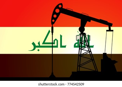 Oil pump on background of flag of Iraq. Vector illustration