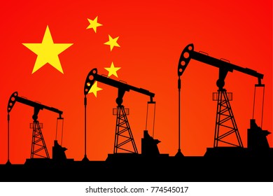 Oil pump on background of flag of China. Vector illustration